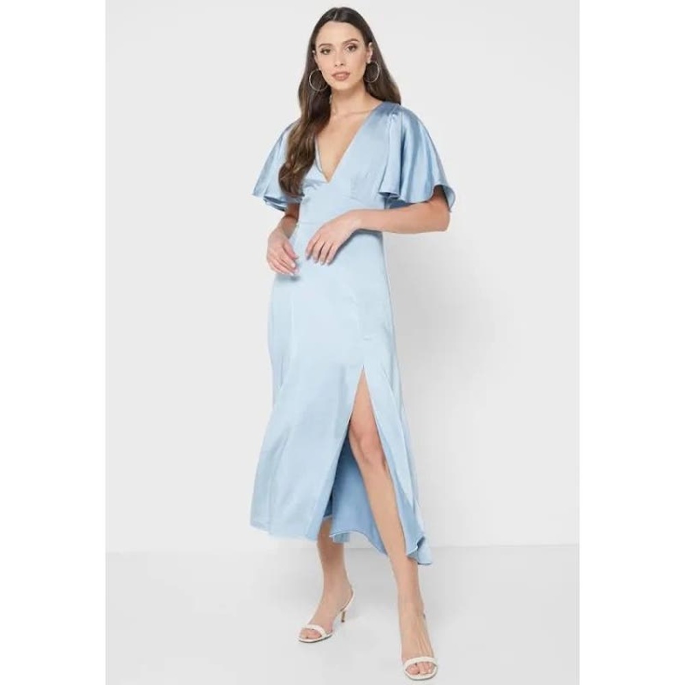 Ted Baker Flutter Sleeve Midi Dress Women's 8 Light Blue Satin V-Neck